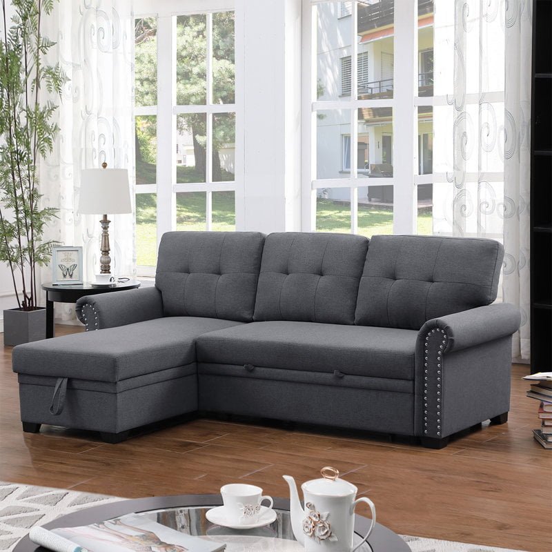 86''+Upholstered+Sleeper+Pull+Out+Sofa+Couch+with+Storage+Chaise (1) Avana Upholstered Pull Out Sofa Bed